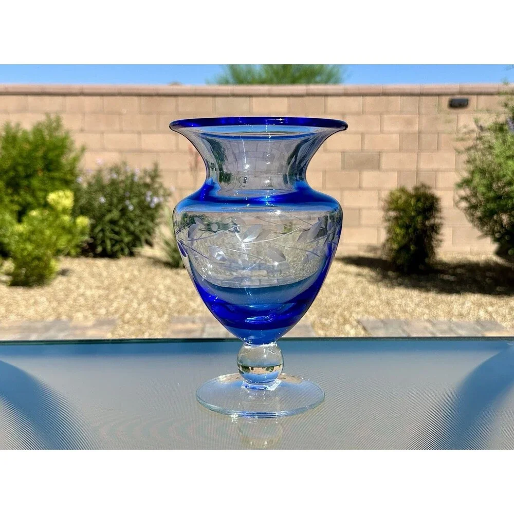 BELLA POTTERY BARN ETCHED Footed Blown Glass Vase w/ Ball Stem Blue 8